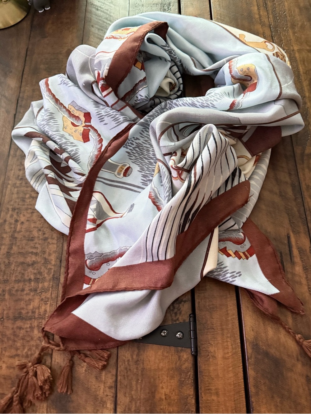 Large Light Blue and Brown Decorative Scarf Wrap